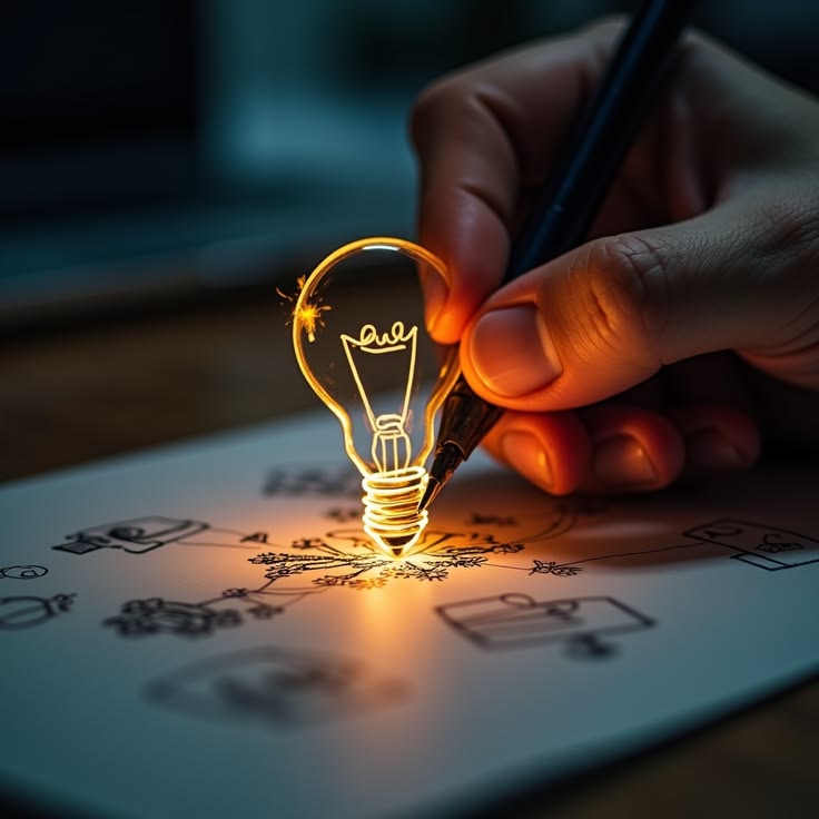 A glowing lightbulb being sketched during the discovery stage